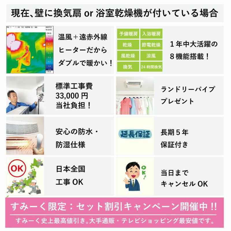 同時取り付けキャンペーン中！16,000円引き】浴室換気乾燥暖房機（グラファイトヒーター式／BF-861RGA／壁型）＋涼風暖房機 |  浴室換気乾燥暖房機の専門店すみーく